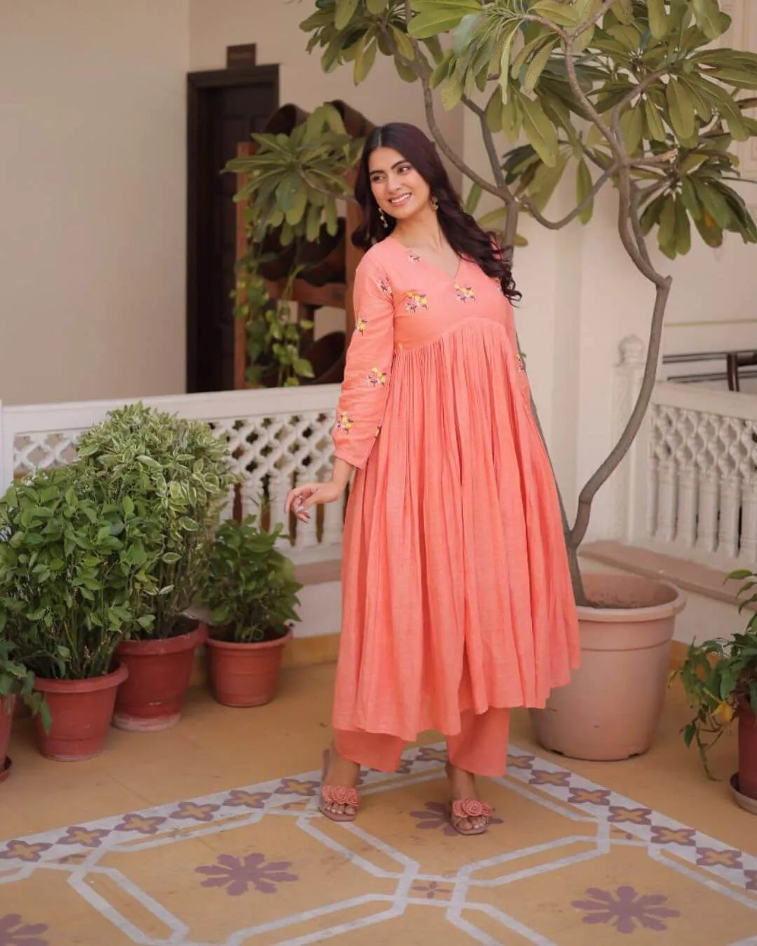 Cotton Peach Colour Kurti With Pant Set