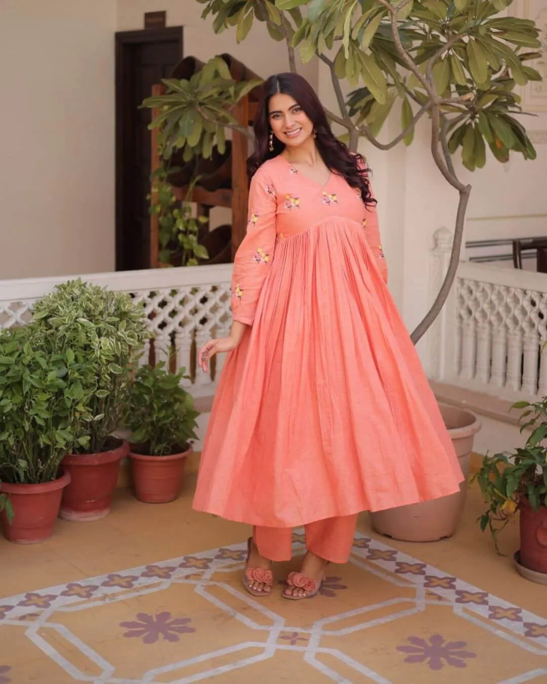 Cotton Peach Colour Kurti With Pant Set
