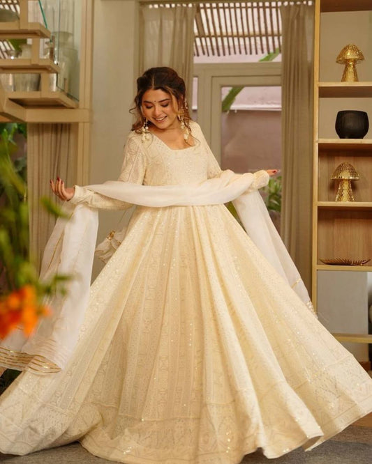 White Embroidered Georgette Anarkali Suit Set