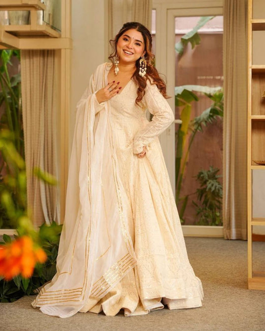 White Embroidered Georgette Anarkali Suit Set