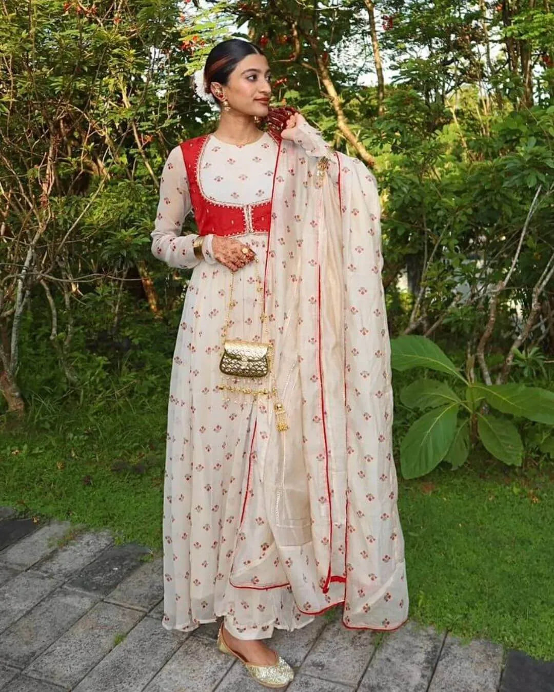 White Georgette Anarkali Dress Suit Set