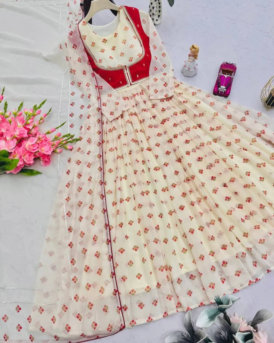 White Georgette Anarkali Dress Suit Set