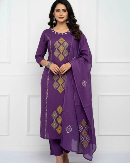Printed Purple Cotton Kurta Pant Dupatta Set