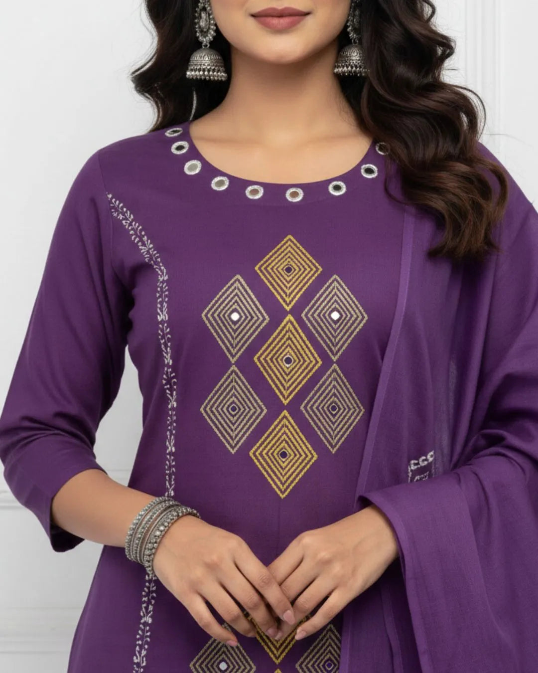 Printed Purple Cotton Kurta Pant Dupatta Set