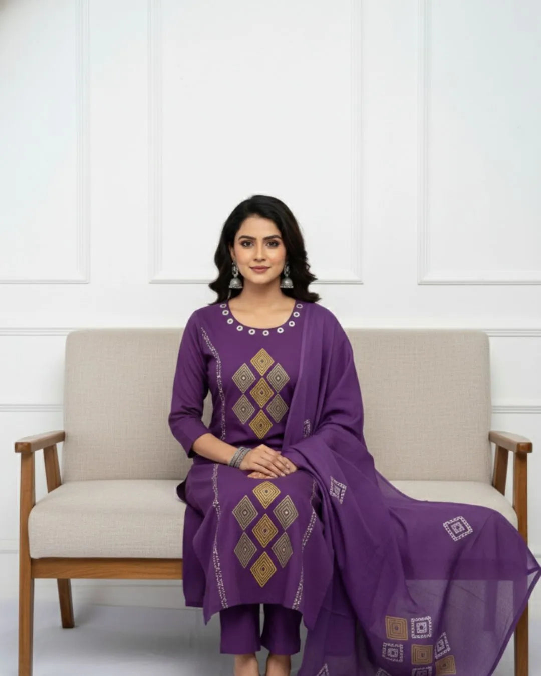Printed Purple Cotton Kurta Pant Dupatta Set