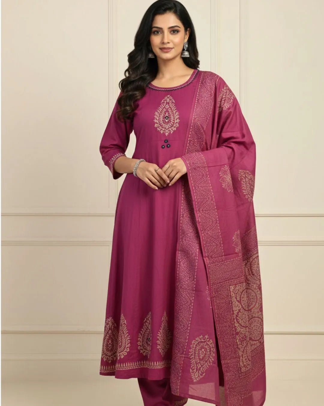 Pure Cotton Pink Anarkali Kurti Pant Dupatta Set