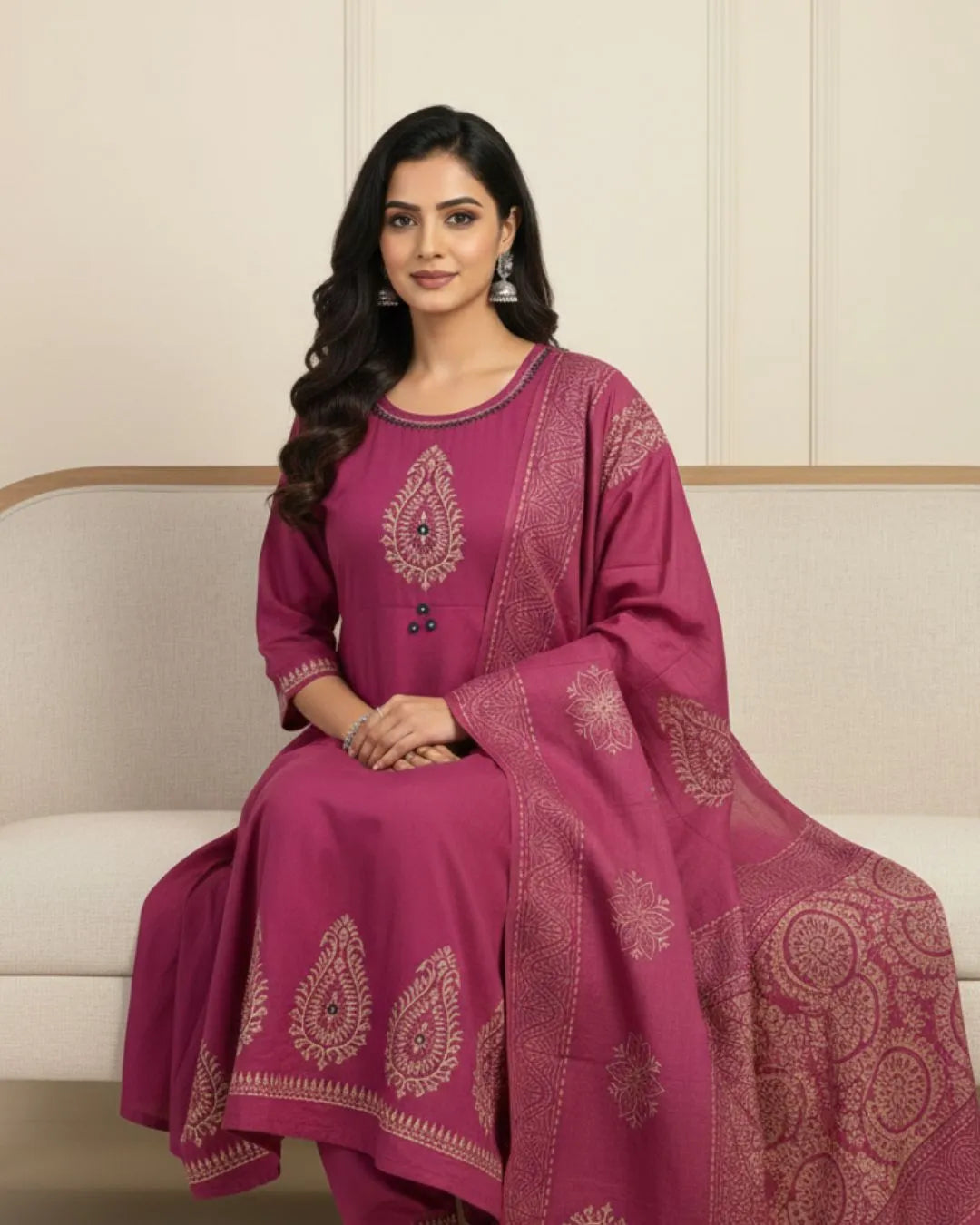 Pure Cotton Pink Anarkali Kurti Pant Dupatta Set