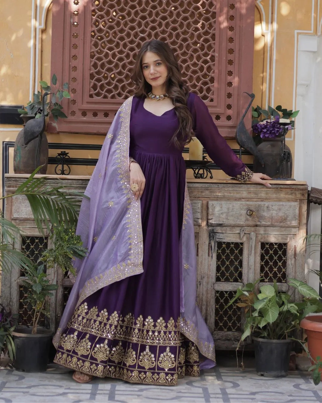 PurplePartyWearGownWithDupattaSetFront