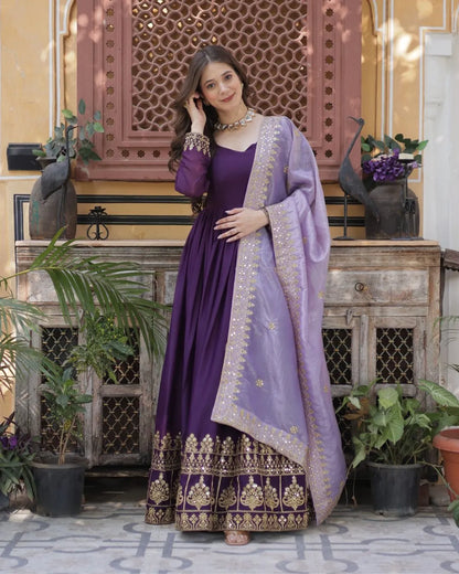 Purple Party Wear Gown With Dupatta Set