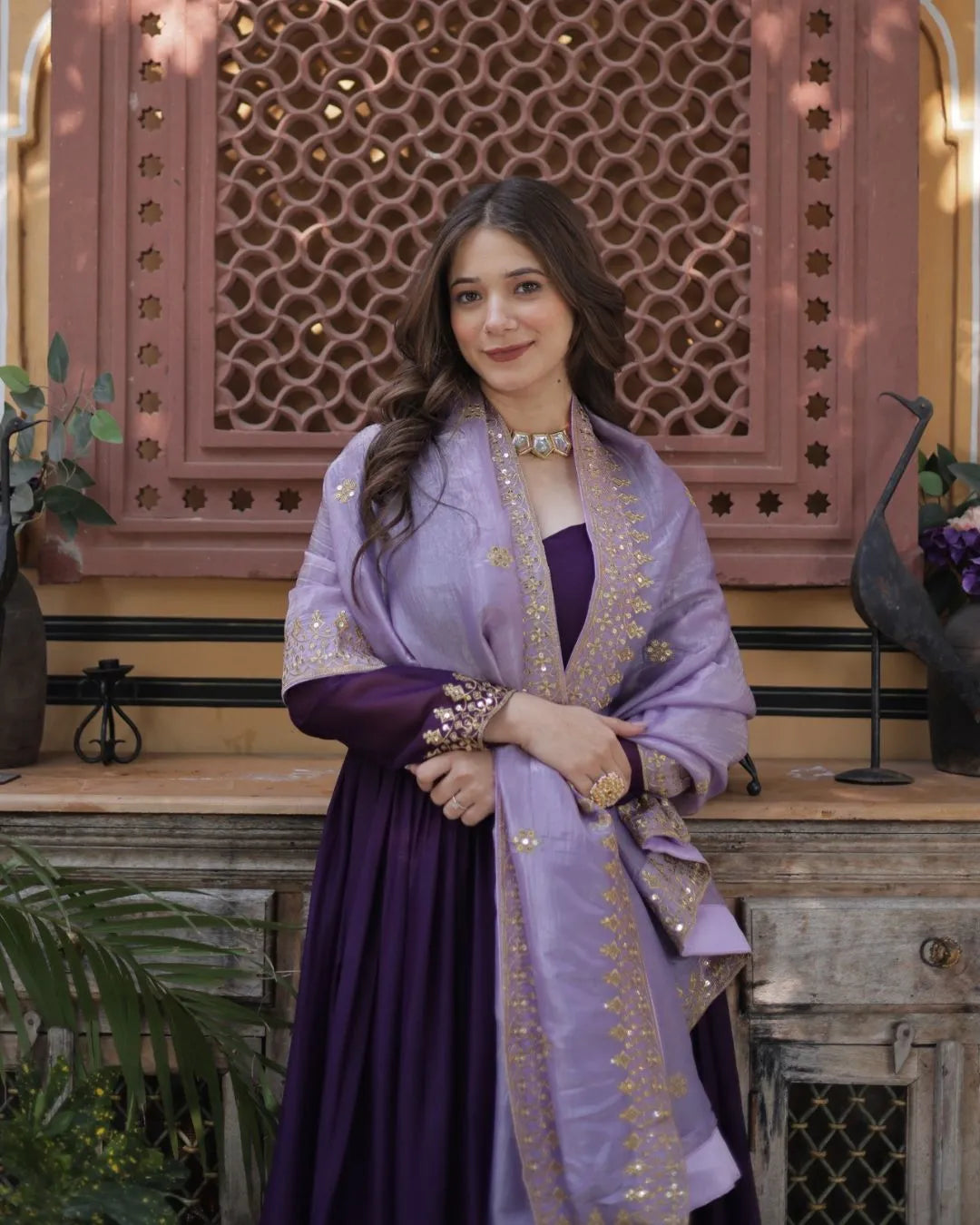 PurplePartyWearGownWithDupattaSetFront