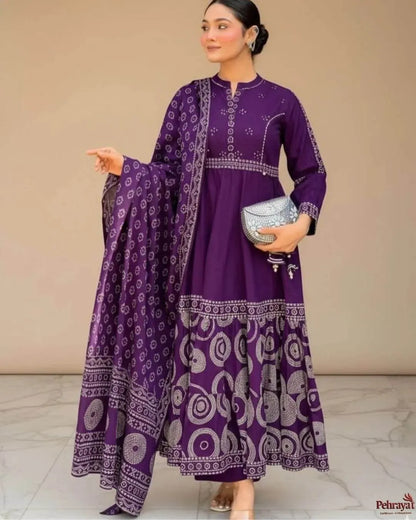 Purple Cotton Anarkali Salwar Suit Set
