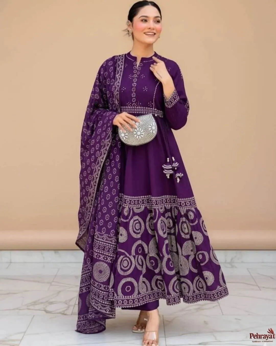 Purple Cotton Anarkali Salwar Suit Set
