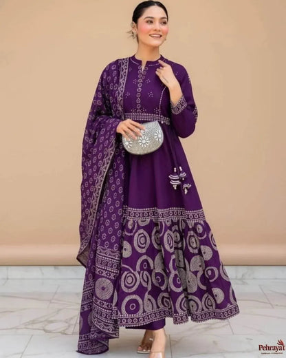 Purple Cotton Anarkali Salwar Suit Set