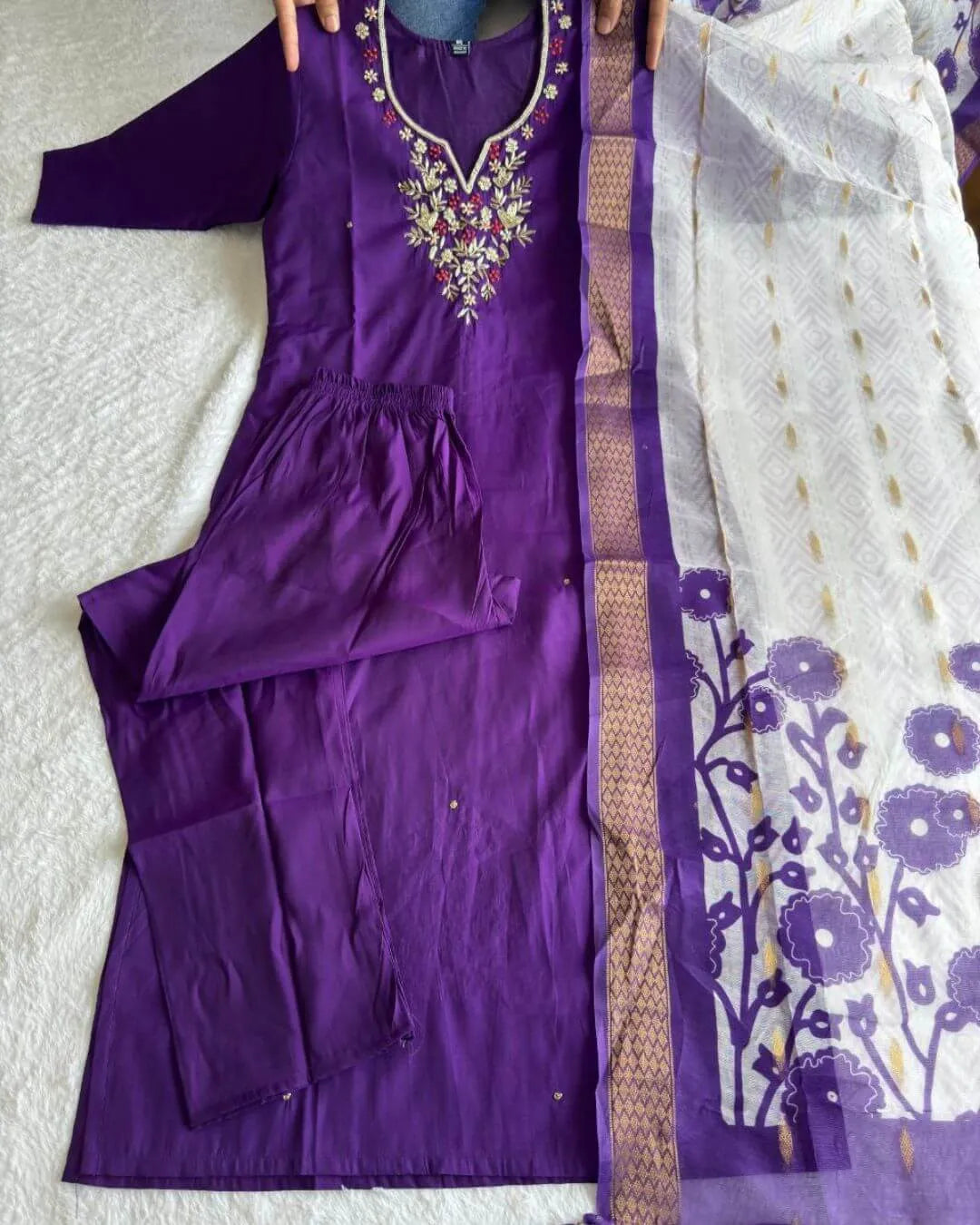 Purple Handwork Straight Kurti Pant Dupatta Set