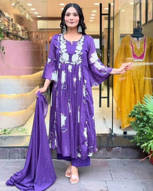 Purple Mul Cotton Anarkali Suit Set