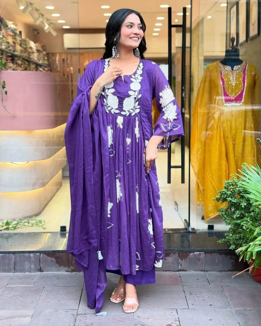 Purple Mul Cotton Anarkali Suit Set