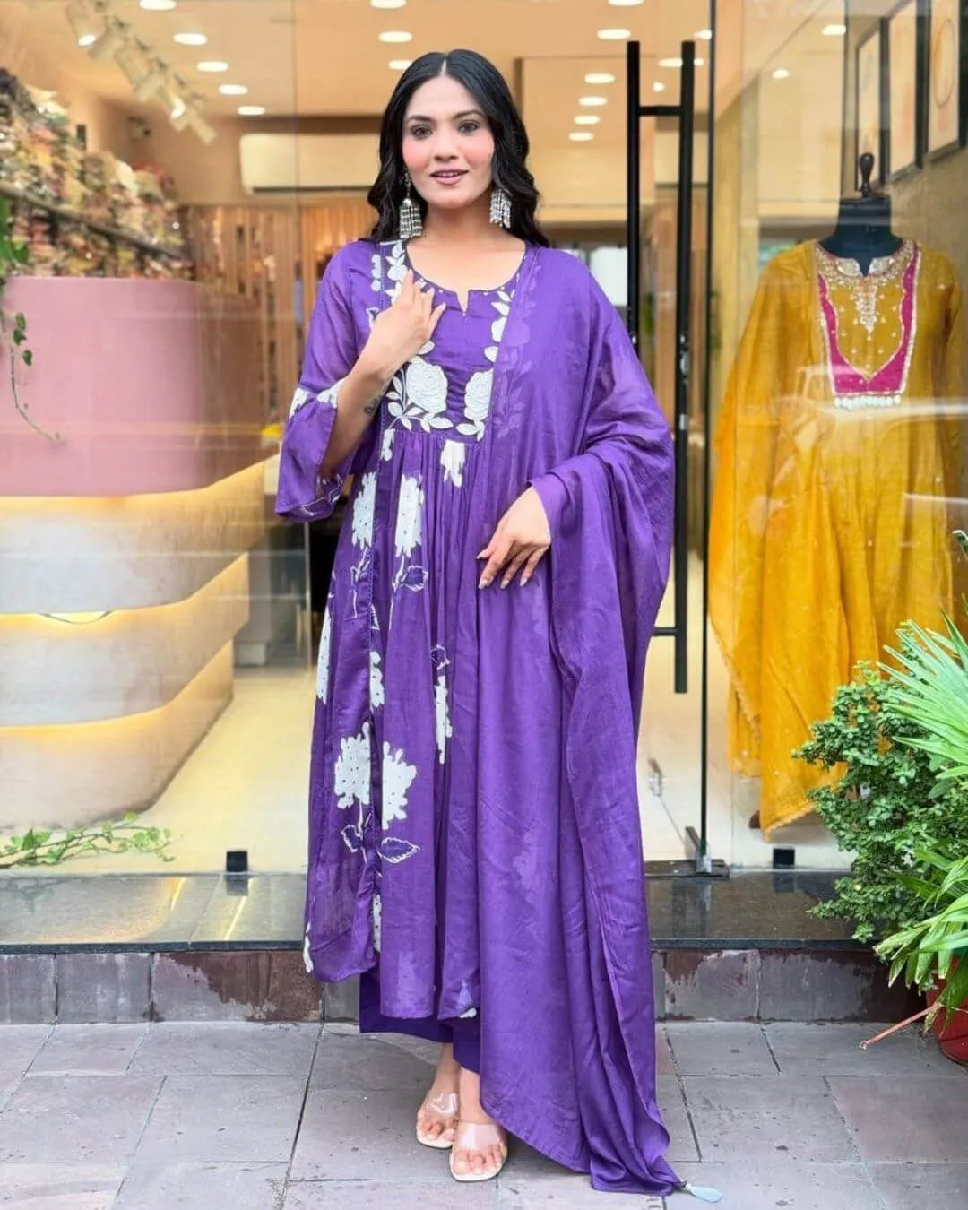 Purple Mul Cotton Anarkali Suit Set