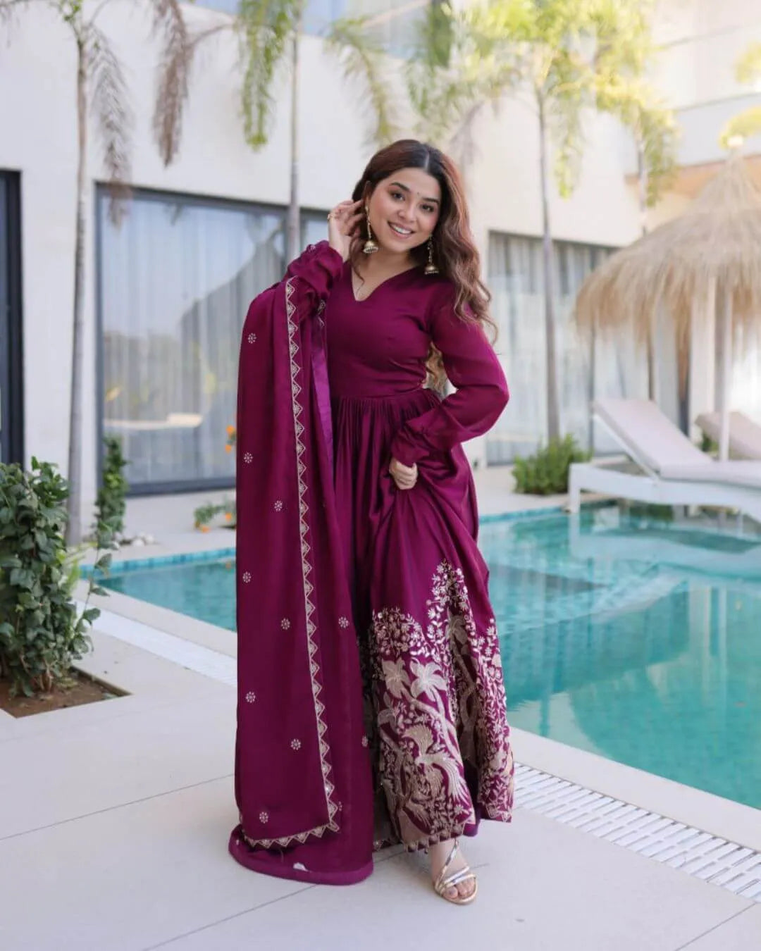 Wine Colour Anarkali Gown With Dupatta
