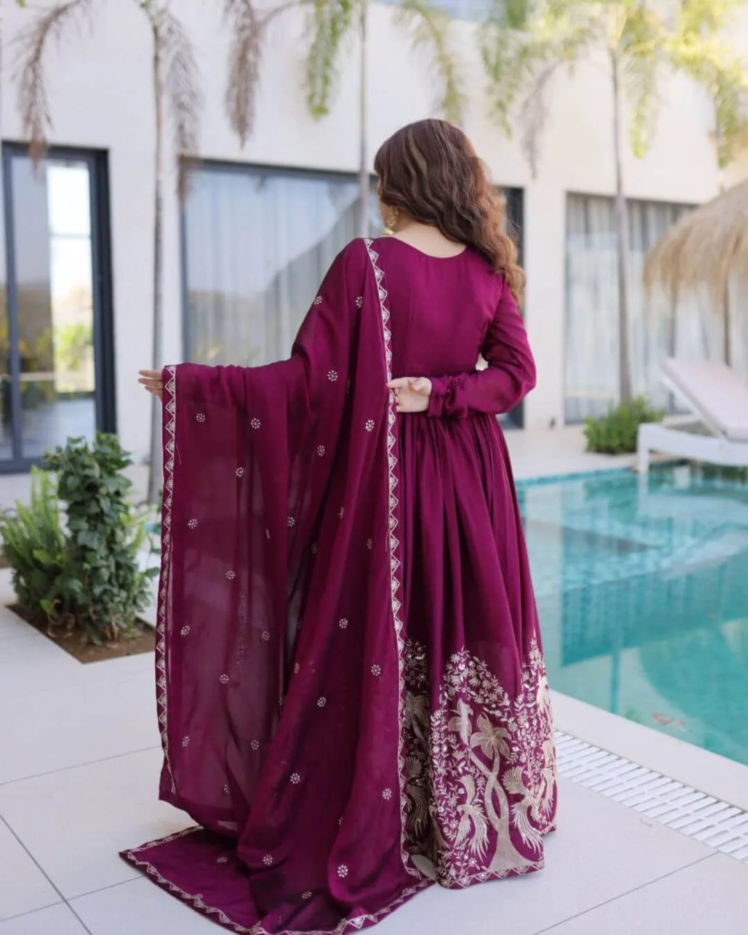 Wine Colour Anarkali Gown With Dupatta