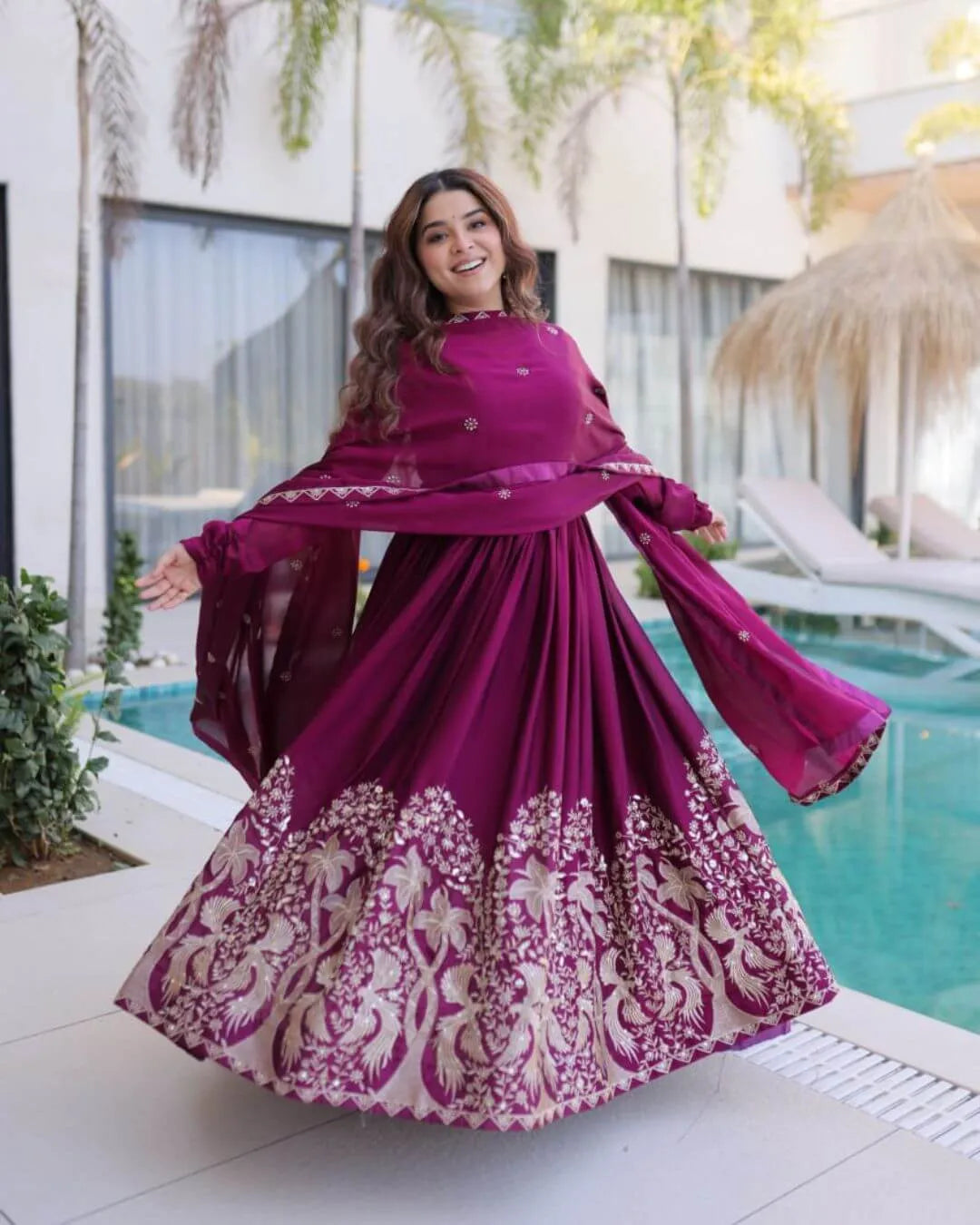 Wine Colour Anarkali Gown With Dupatta