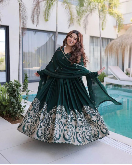 Dark Green Anarkali Gown With Dupatta Set