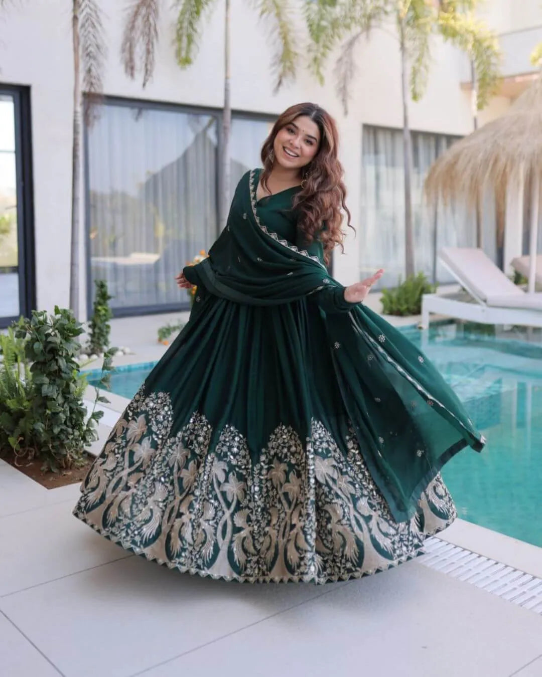 Dark Green Anarkali Gown With Dupatta Set