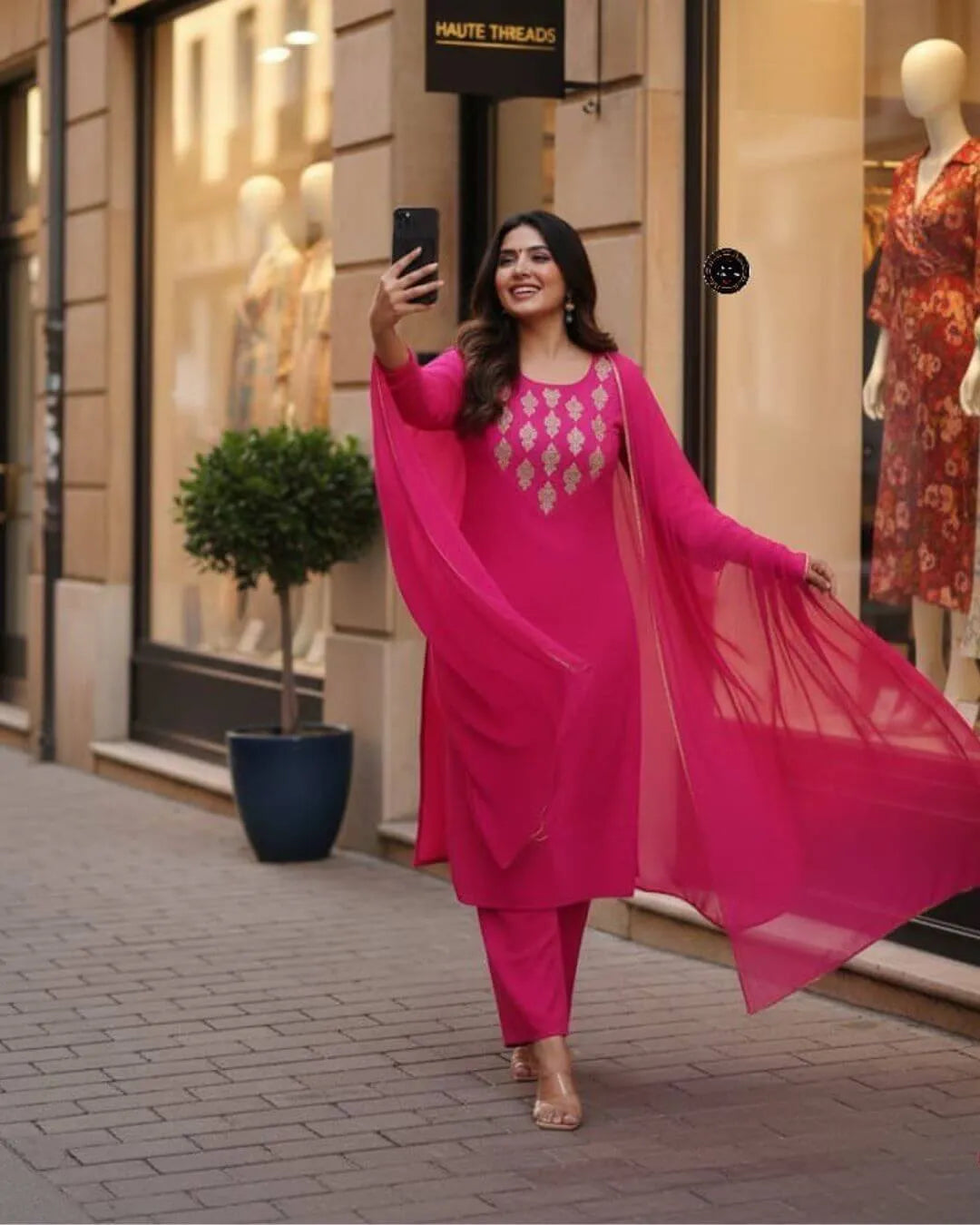 Rani Pink Embroidered Cotton Straight Kurta Suit Set with Dupatta