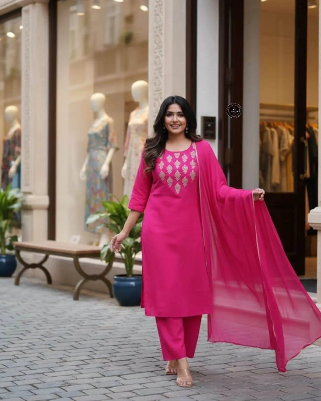 Rani Pink Embroidered Cotton Straight Kurta Suit Set with Dupatta