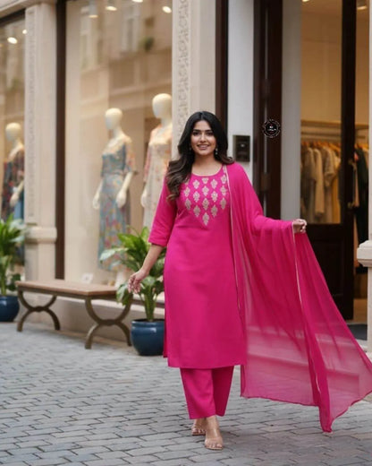 Rani Pink Embroidered Cotton Straight Kurta Suit Set with Dupatta