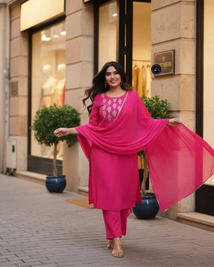 Rani Pink Embroidered Cotton Straight Kurta Suit Set with Dupatta