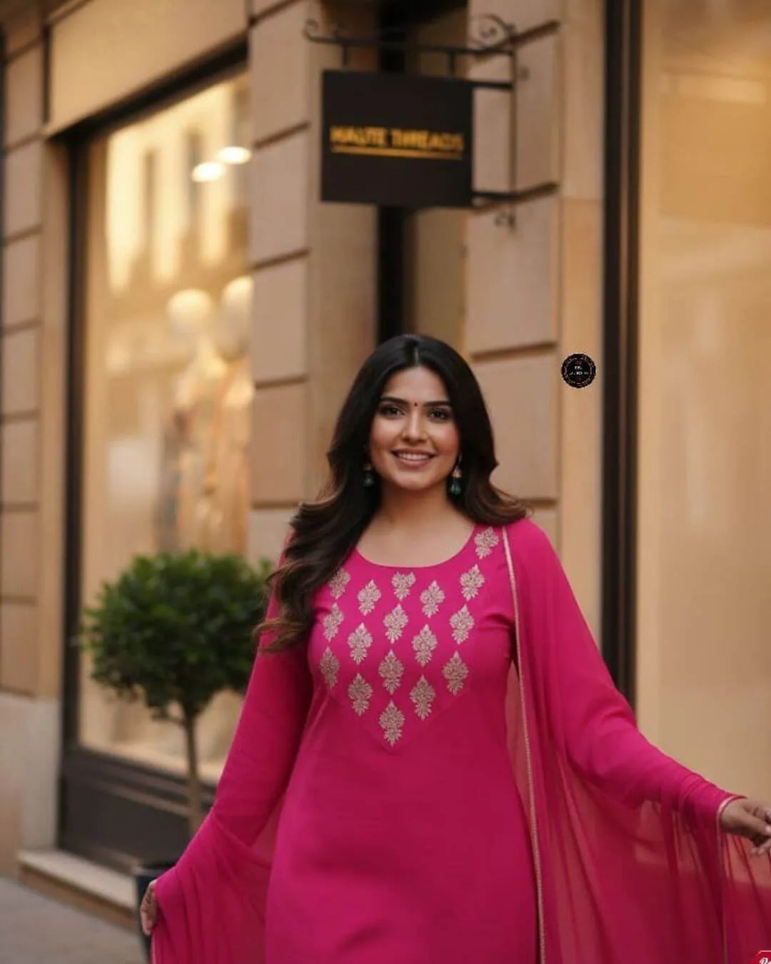 Rani Pink Embroidered Cotton Straight Kurta Suit Set with Dupatta