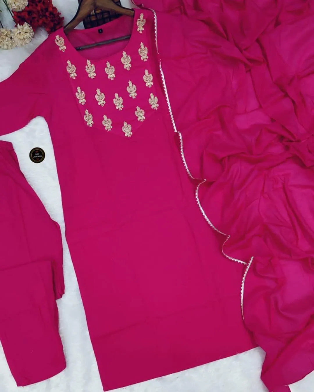 Rani Pink Embroidered Cotton Straight Kurta Suit Set with Dupatta