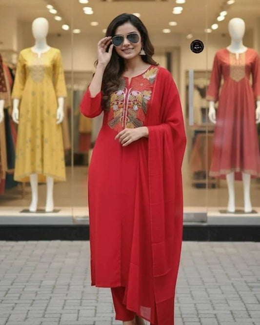 Red Embroidered Cotton Suit Set