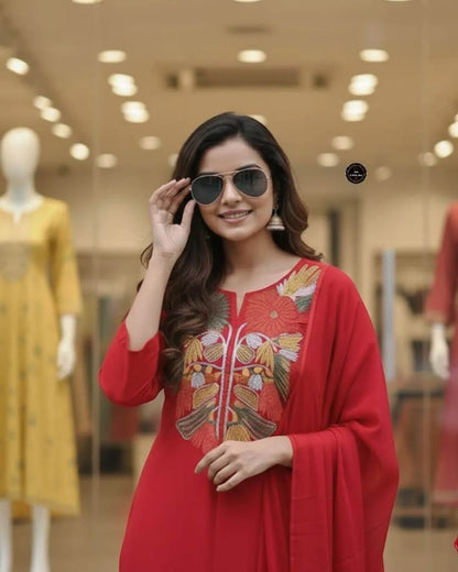 Red Embroidered Cotton Suit Set