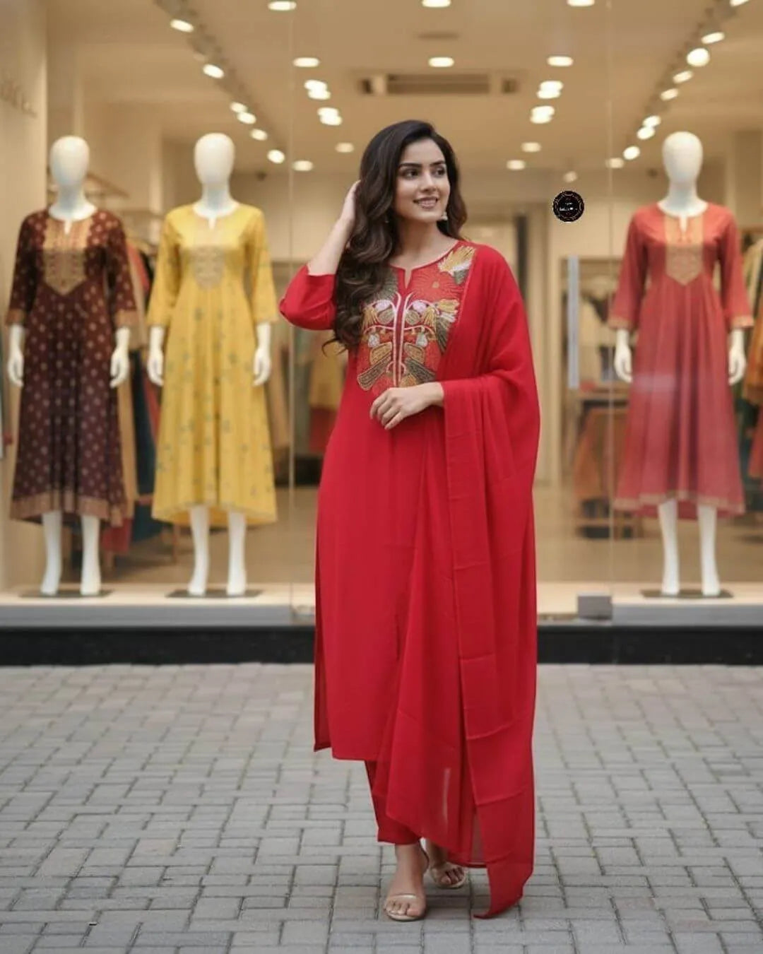 Red Embroidered Cotton Suit Set