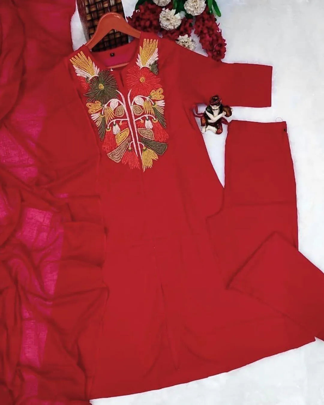 Red Embroidered Cotton Suit Set