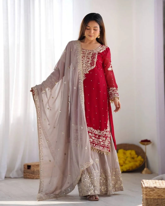 Red Georgette Sharara Suit Set with Dupatta
