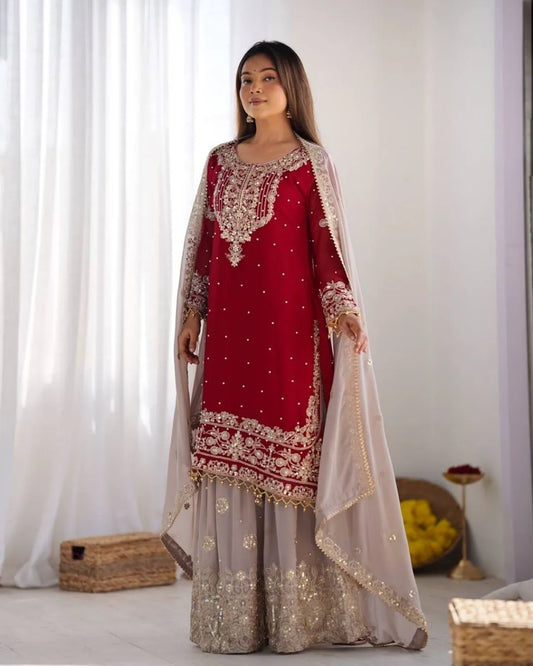 Red Georgette Sharara Suit Set with Dupatta