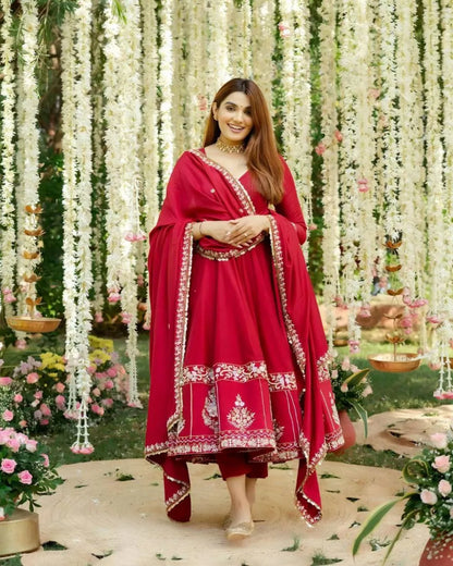 Red Roman Silk Anarkali Suit for Wedding & Party Wear