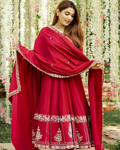 Red Roman Silk Anarkali Suit for Wedding & Party Wear