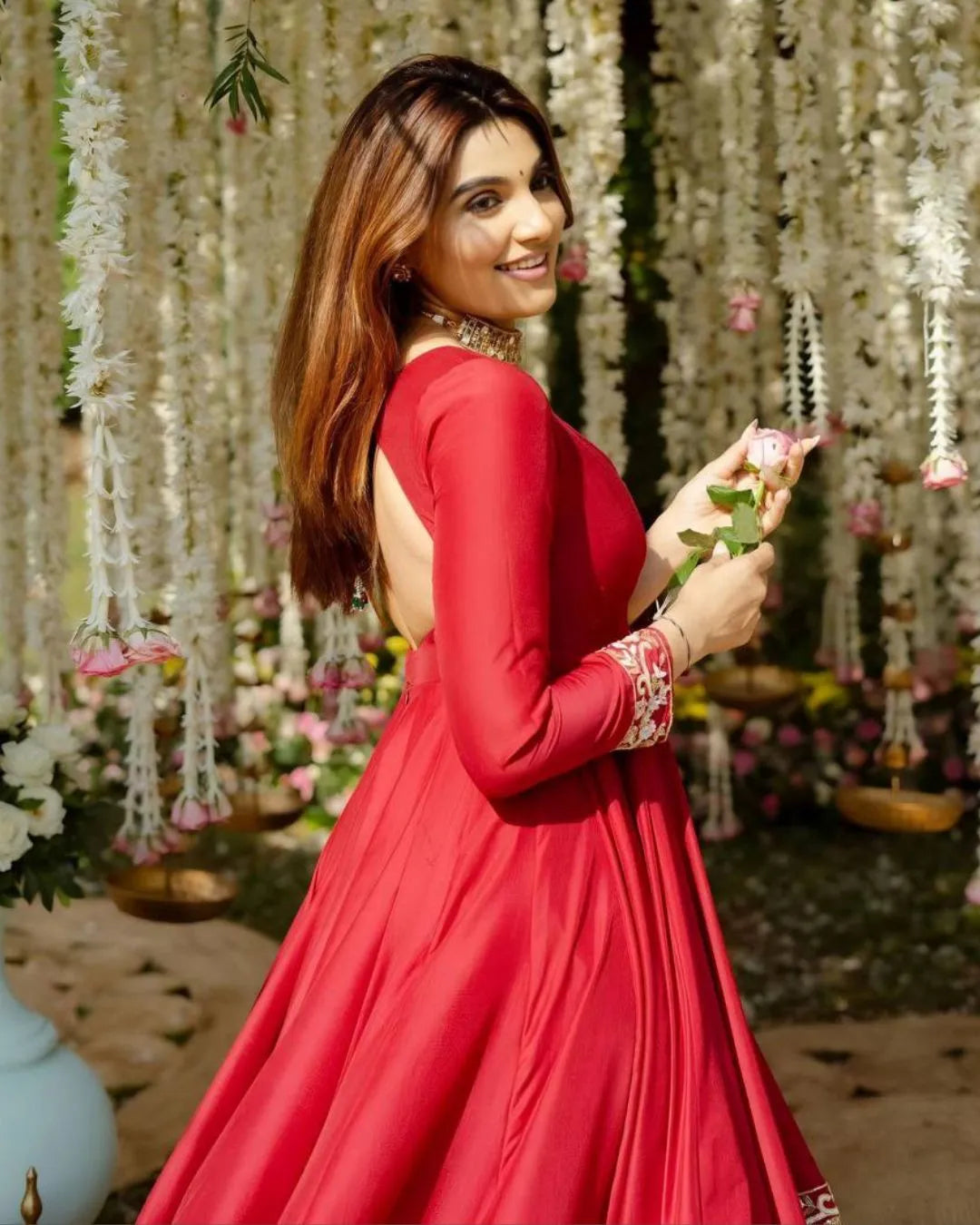 Red Roman Silk Anarkali Suit for Wedding & Party Wear Back Side