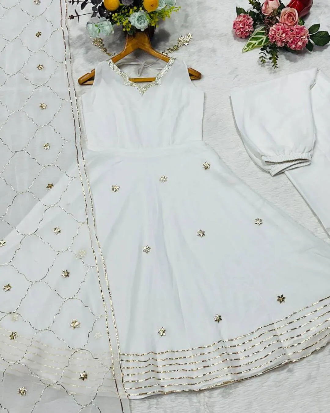 White Sleeveless Georgette Anarkali Suit Set