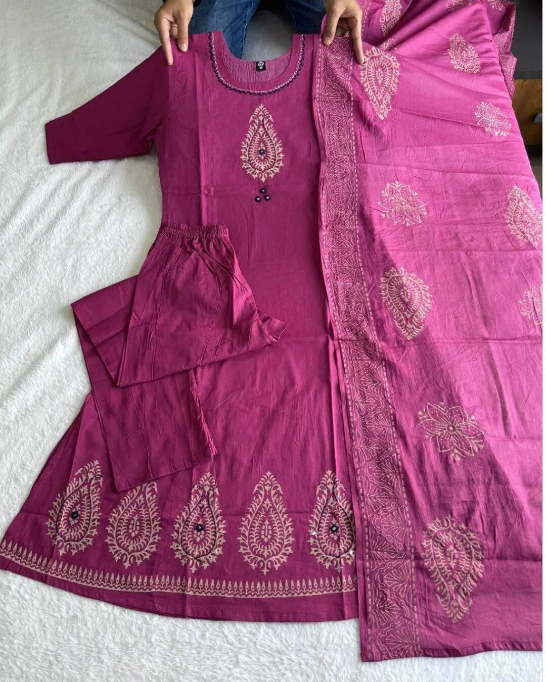 Pure Cotton Pink Anarkali Kurti Pant Dupatta Set