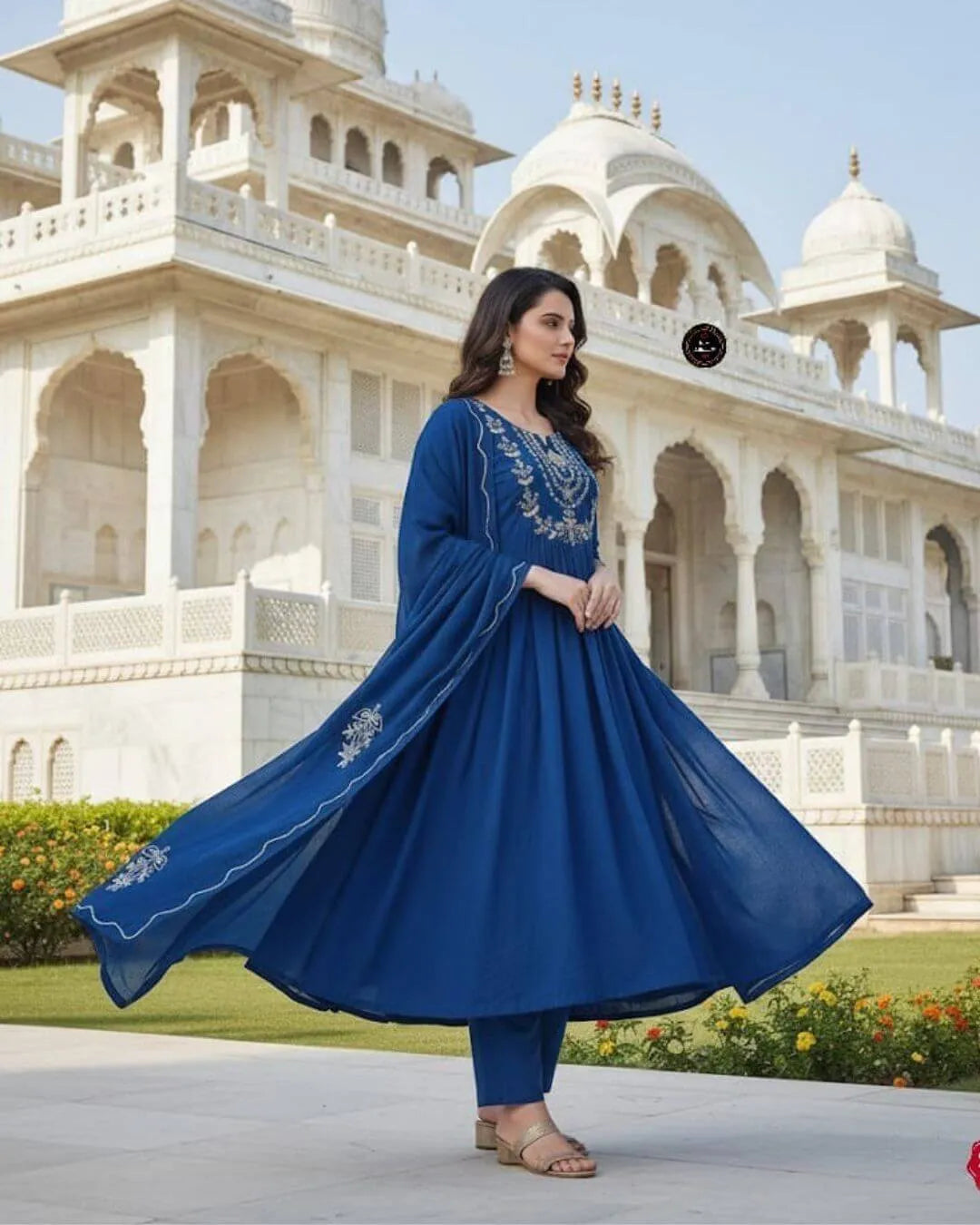Royal Blue Cotton Anarkali Suit Set with Sequence Embroidery