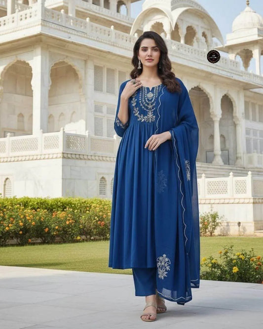 Royal Blue Cotton Anarkali Suit Set with Sequence Embroidery