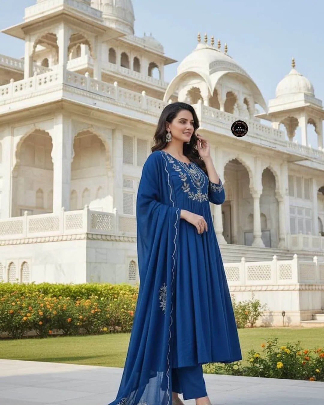 Royal Blue Cotton Anarkali Suit Set with Sequence Embroidery