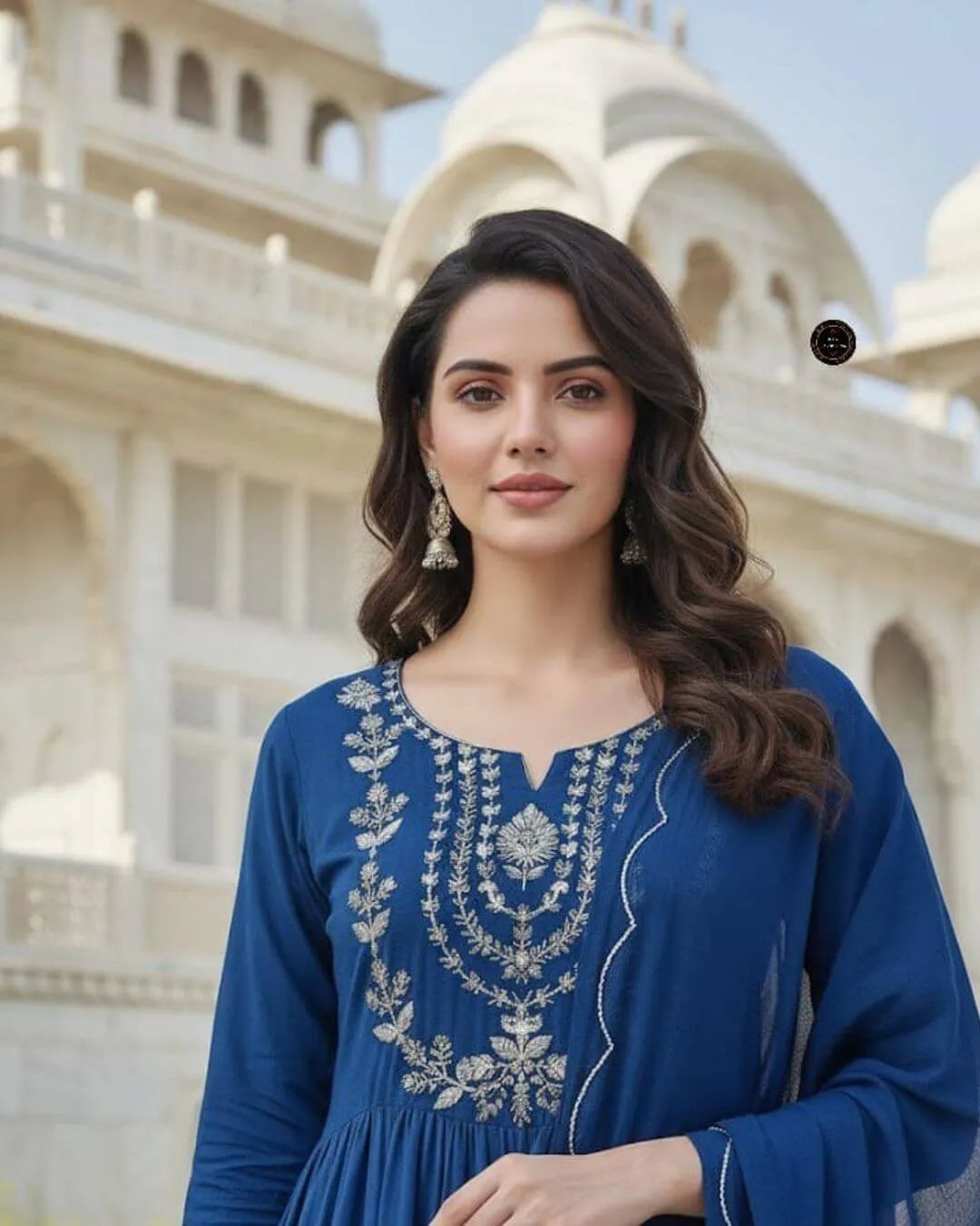 Royal Blue Cotton Anarkali Suit Set with Sequence Embroidery