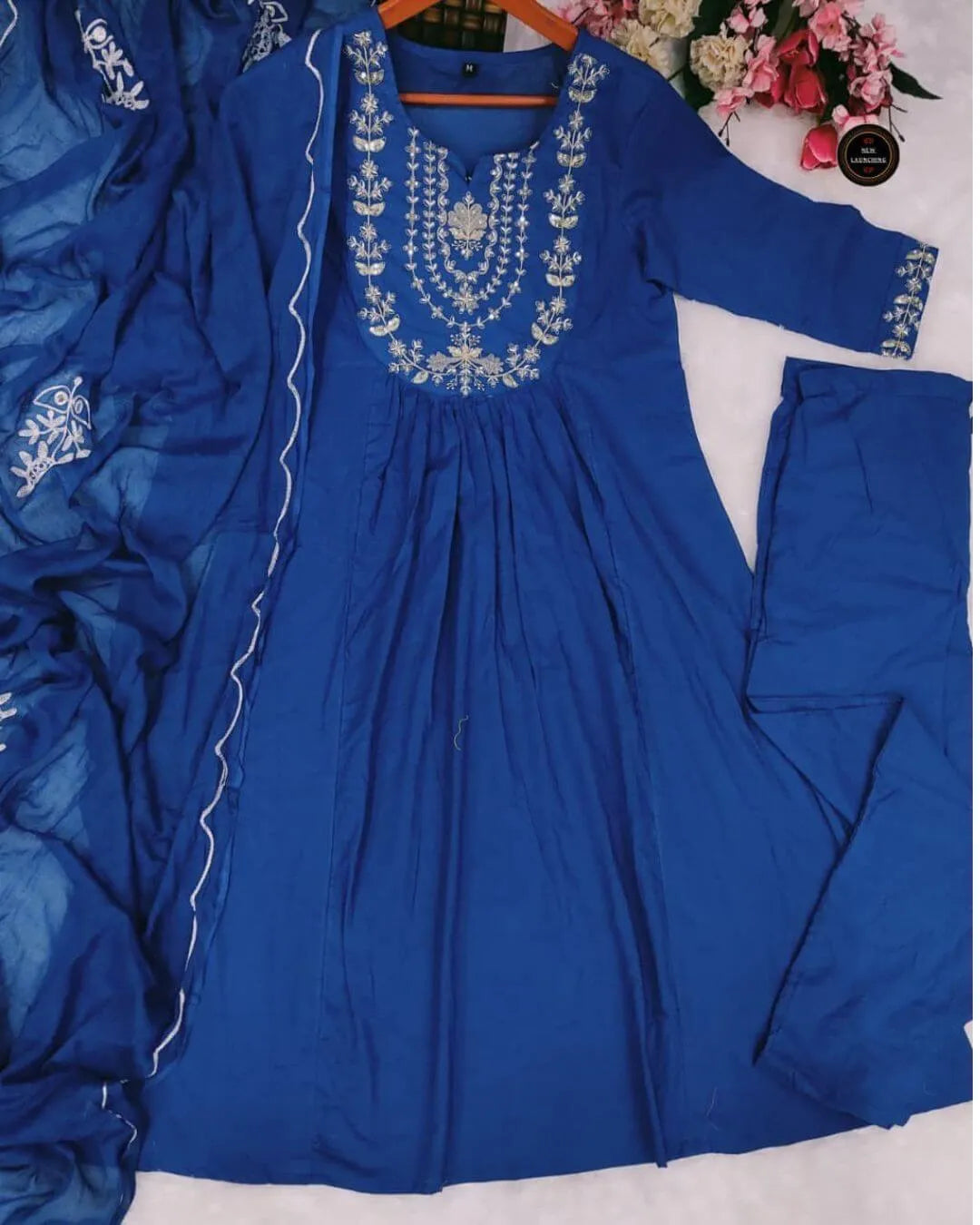 Royal Blue Cotton Anarkali Suit Set with Sequence Embroidery