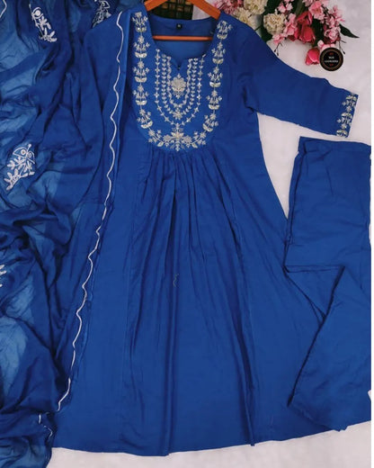 Royal Blue Cotton Anarkali Suit Set with Sequence Embroidery