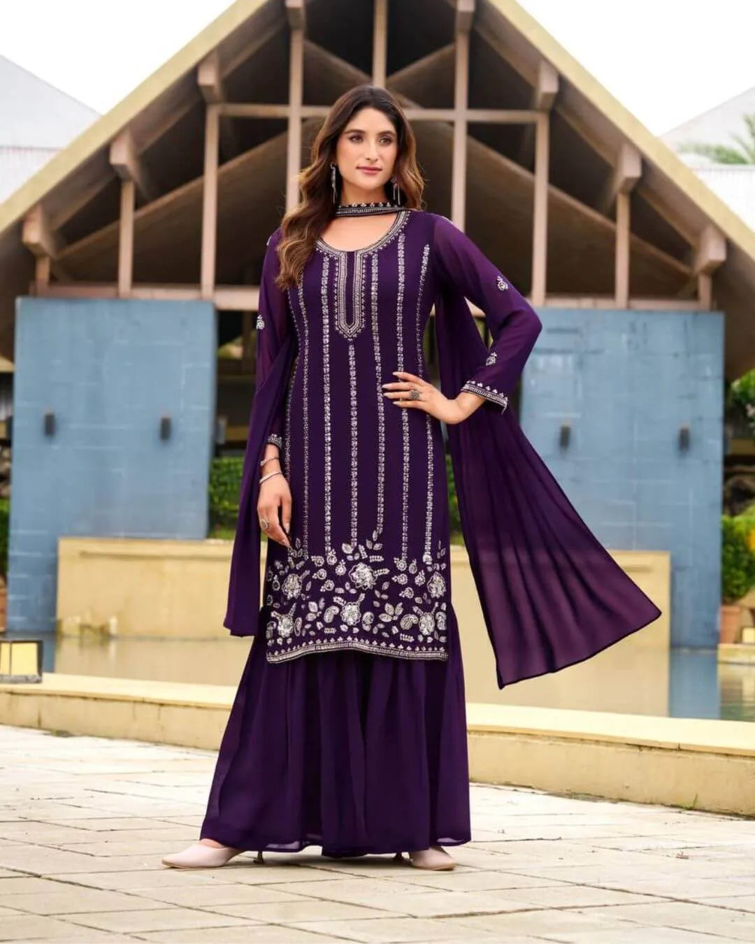 Purple Sharara Suit With Dupatta Set Party Wear